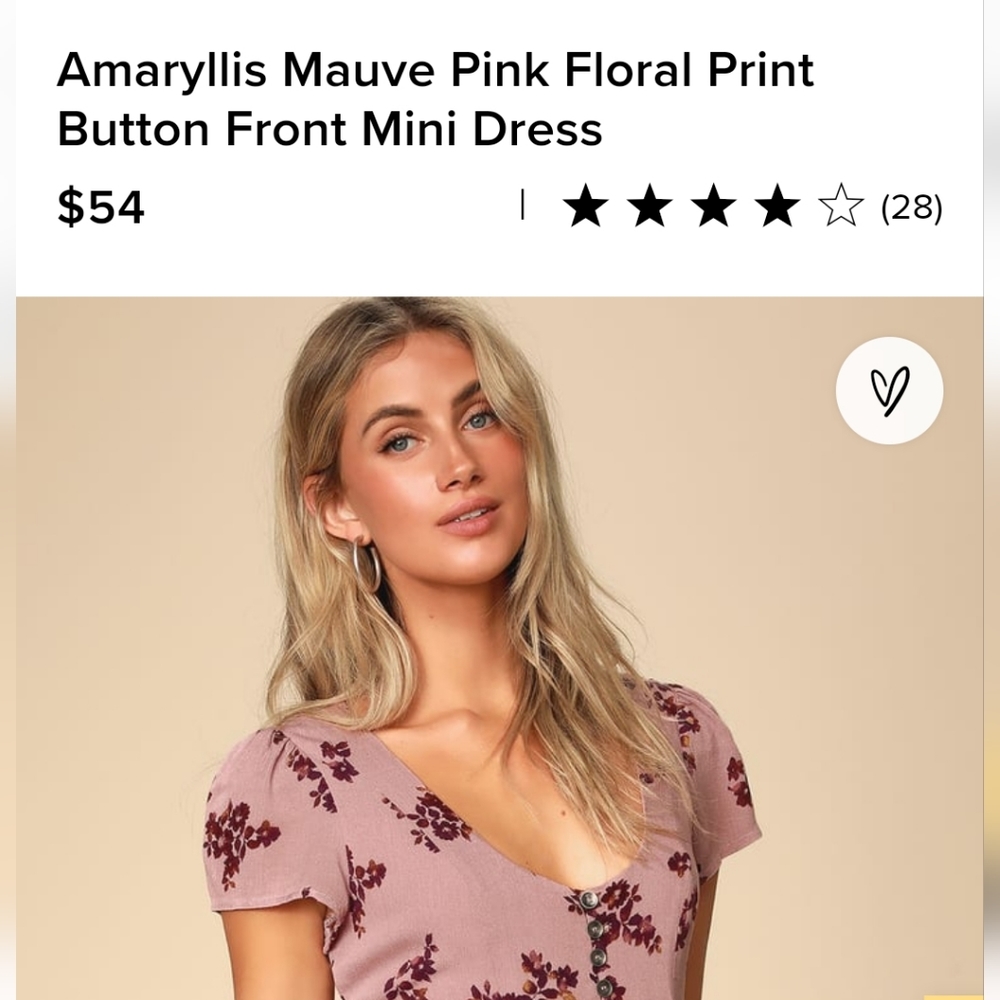 Amaryllis Mauve Pink Floral Print Button Front Mini Dress, Size M, NWOT